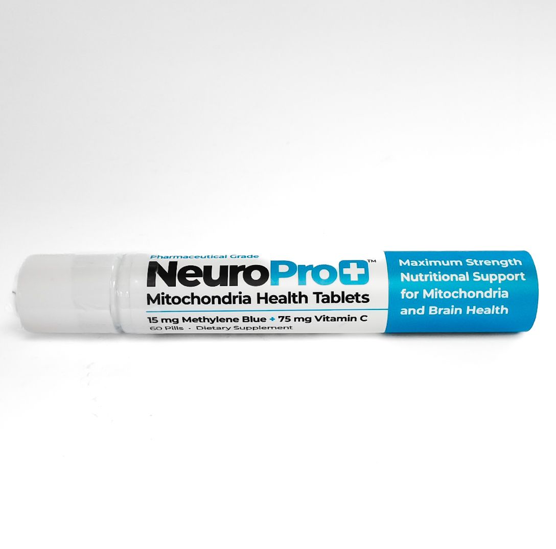 NeuroPro+ Mitochondria Health Tablets bottle with white cap and blue label on white background