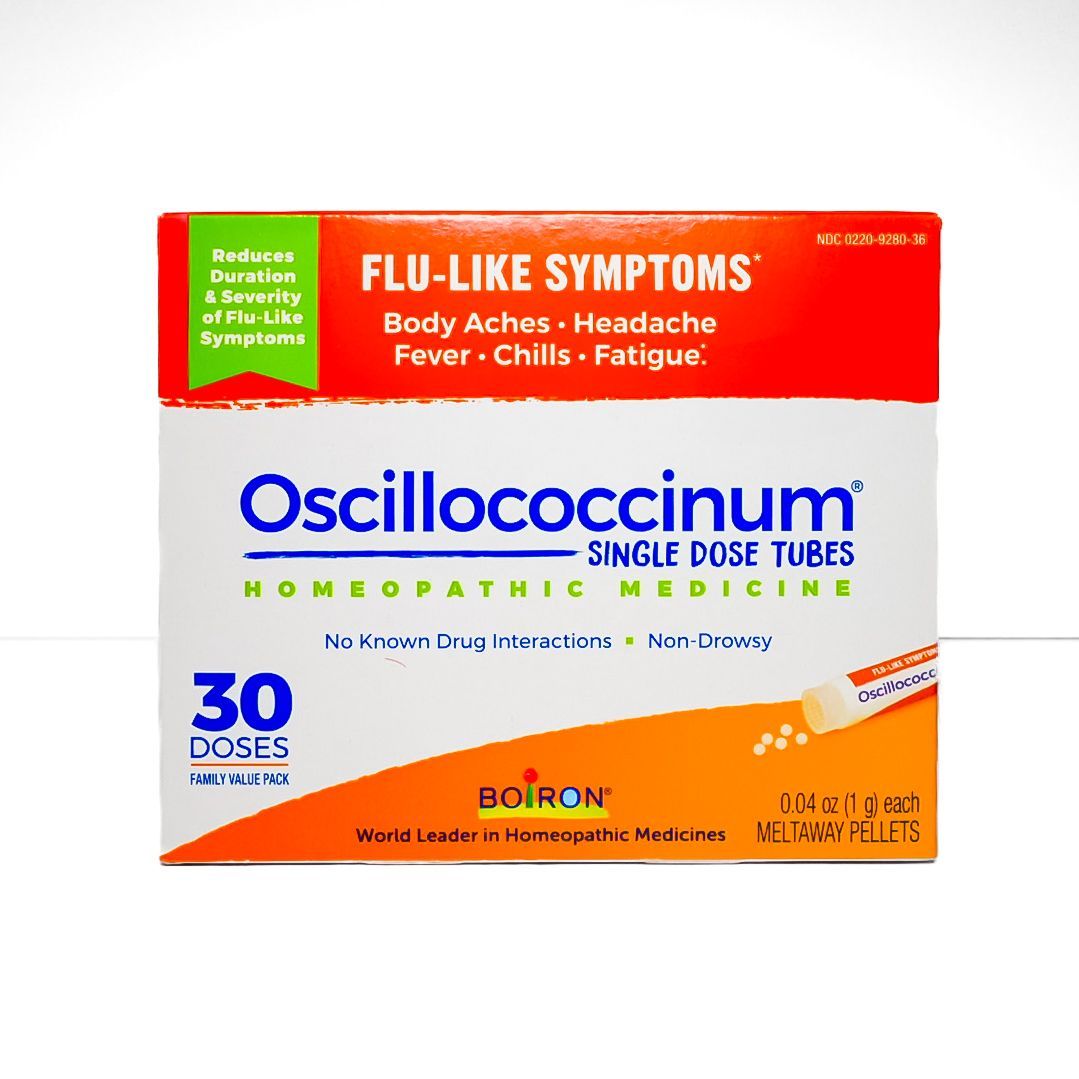 Oscillococcinum homeopathic medicine box, white and orange with red flu-like symptoms banner