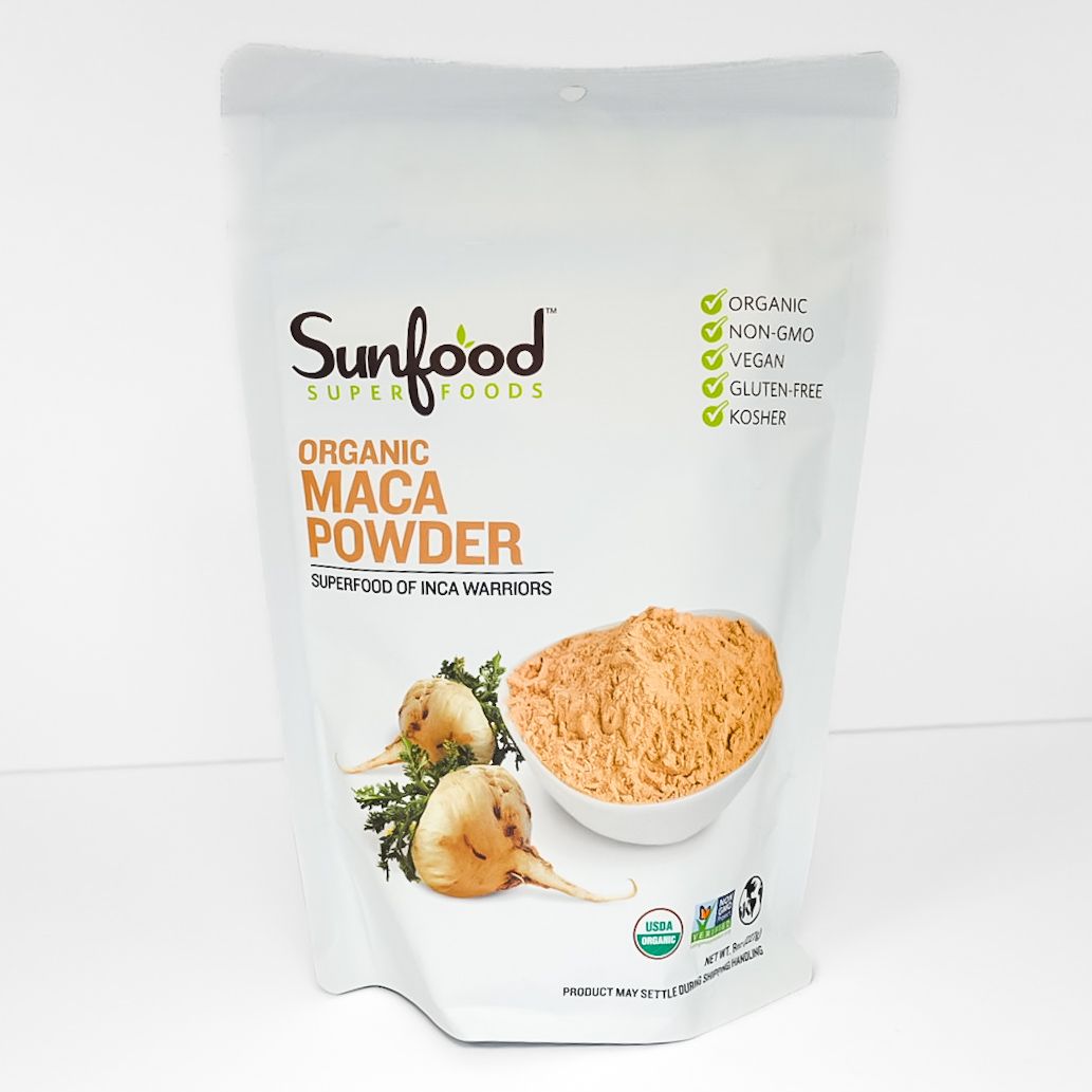 Sunfood Superfoods organic maca powder in a white resealable pouch with maca roots pictured