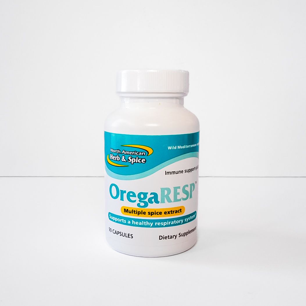 White supplement bottle with blue label reading “OregaResp” on a plain background