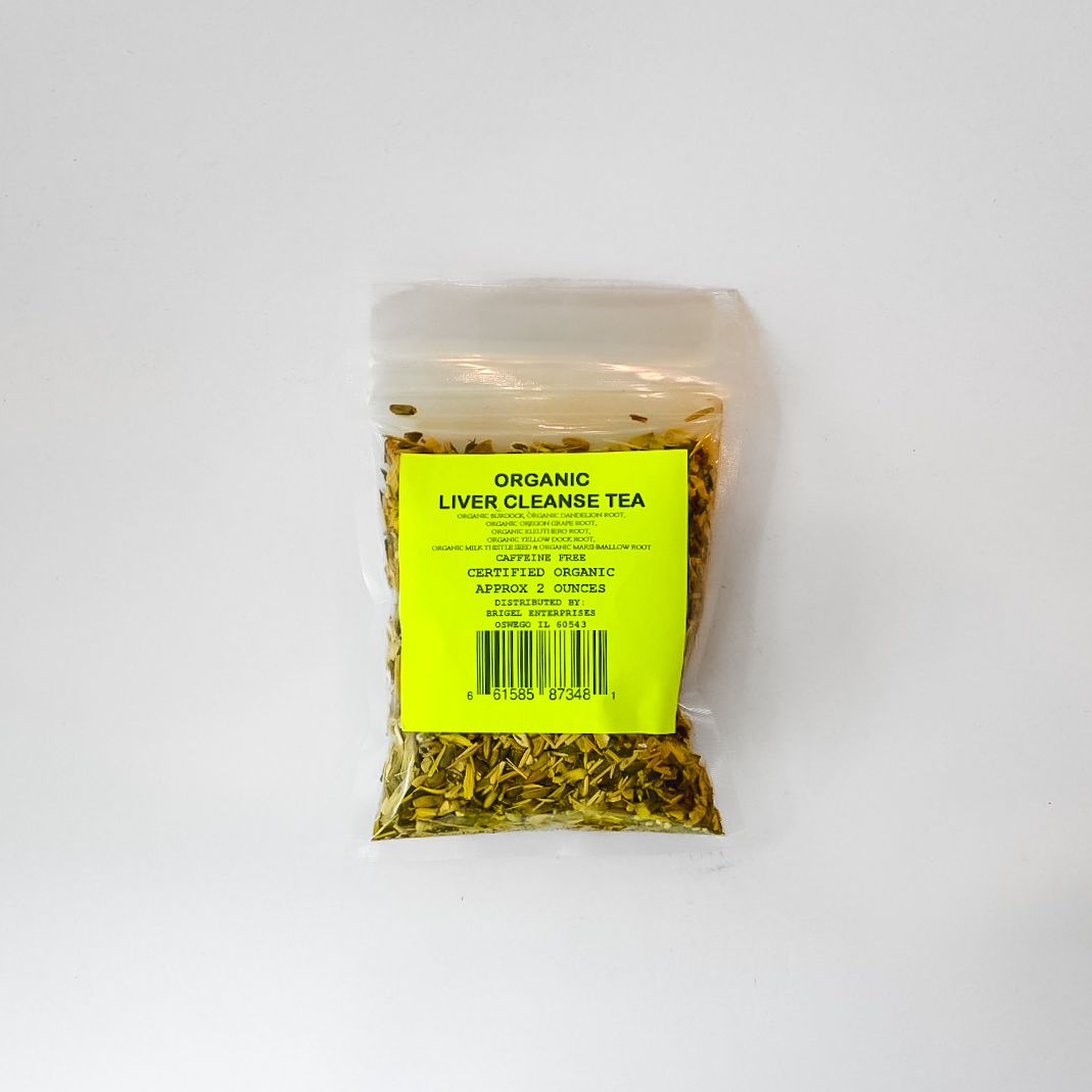 Small clear bag of dried herbs with a bright yellow label on a white background