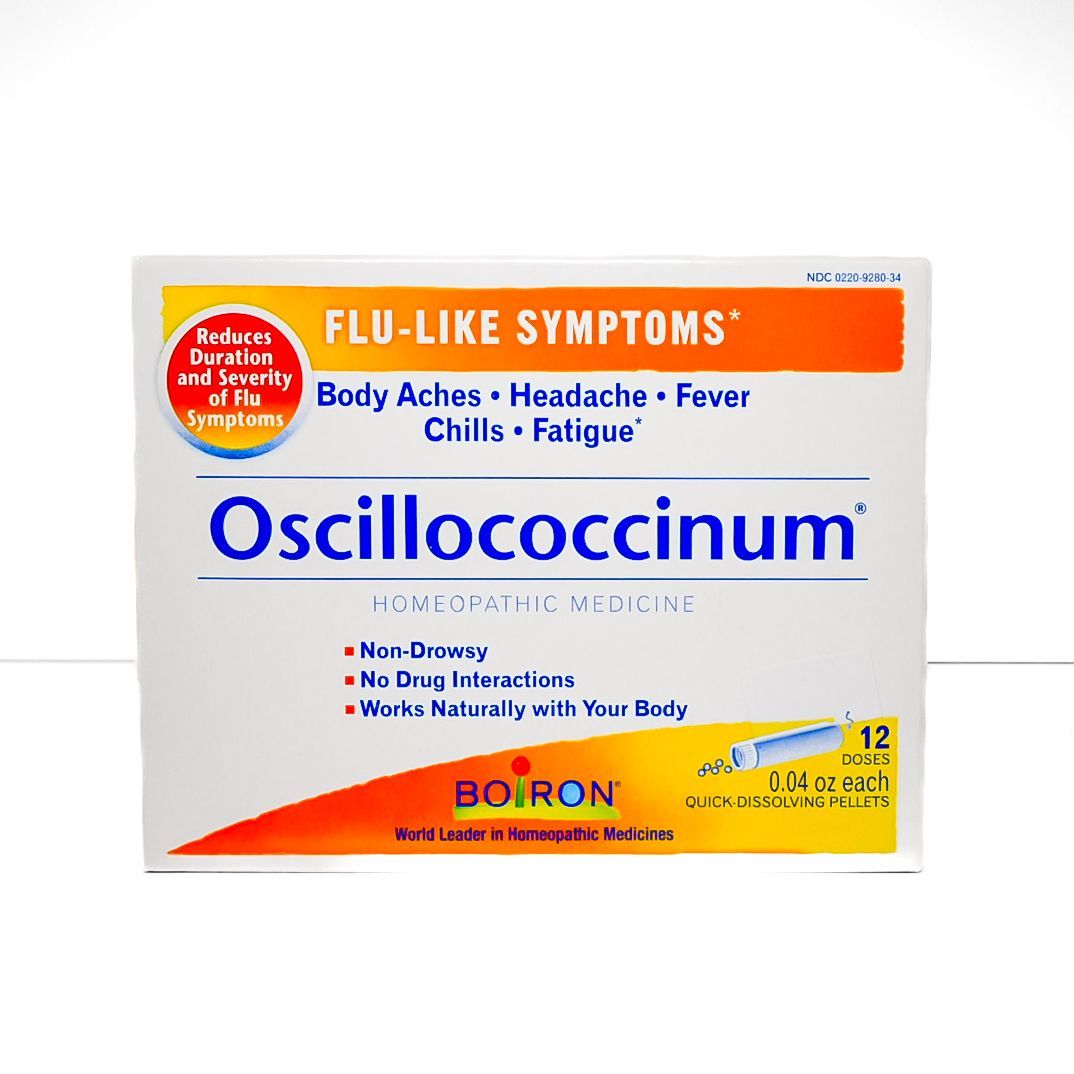 Box of Oscillococcinum flu-like symptom relief medicine with white, orange, and blue packaging.