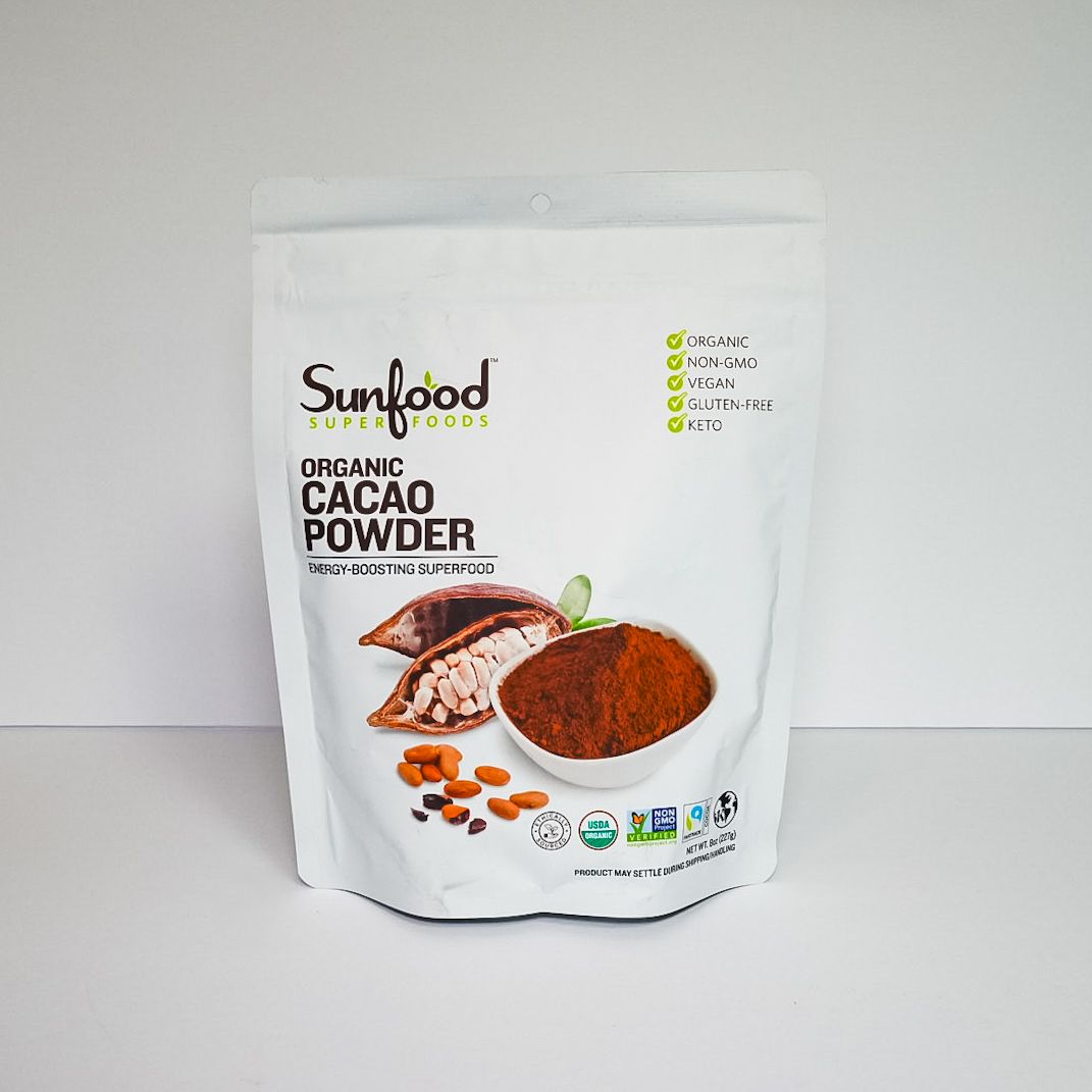 White stand-up pouch with nutrition facts label and food image on the front