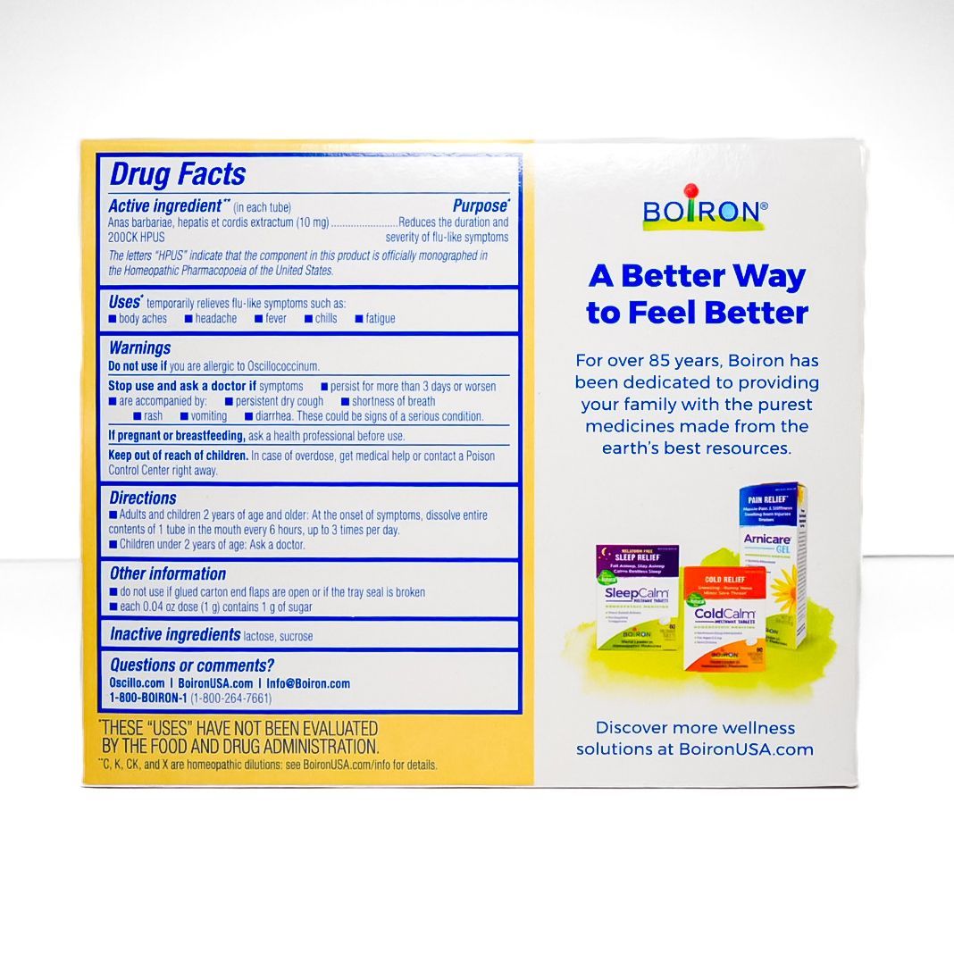 Oscillococcinum homeopathic medicine box, white and orange with red flu-like symptoms banner