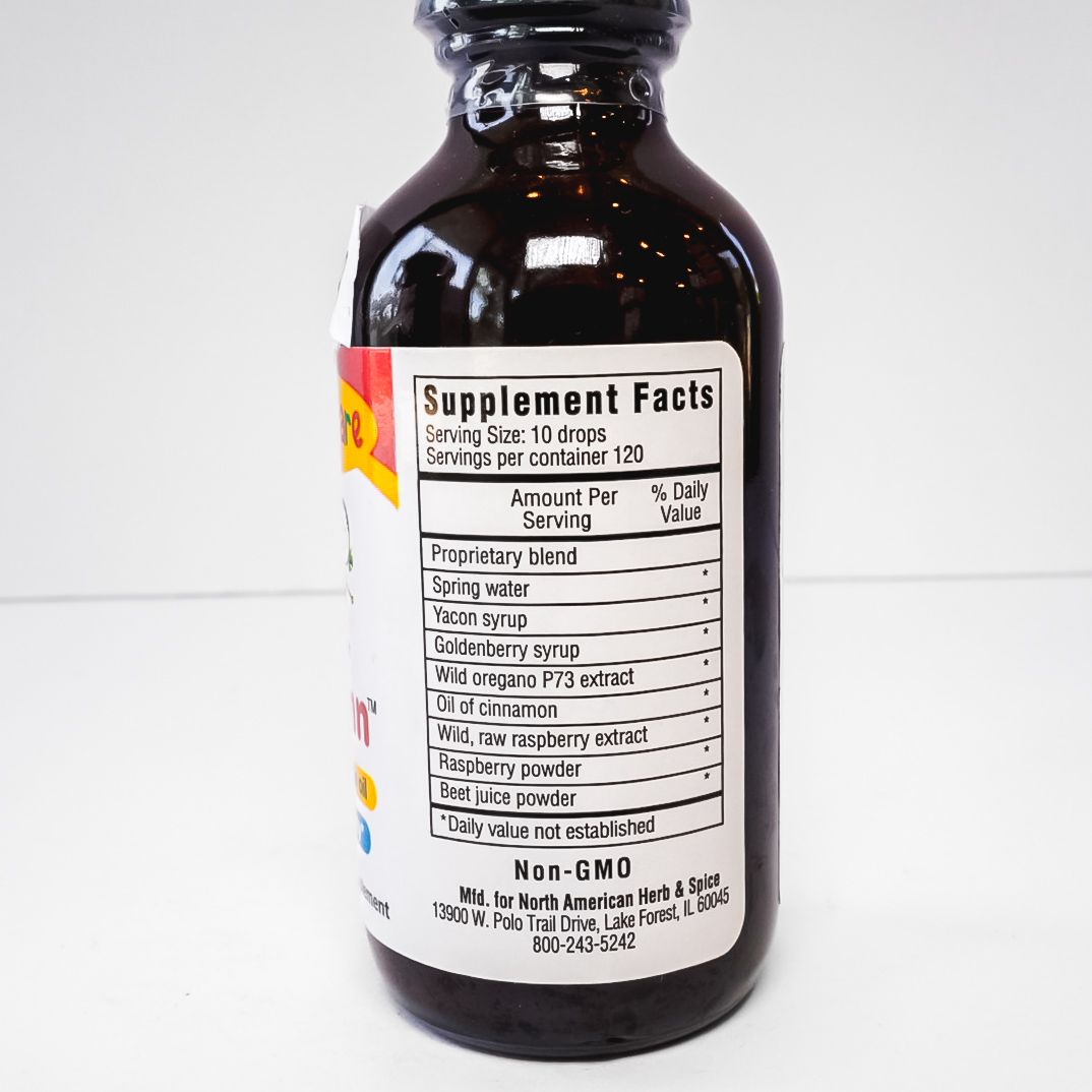 Dark amber dropper bottle labeled “Orega-cin” on a white background