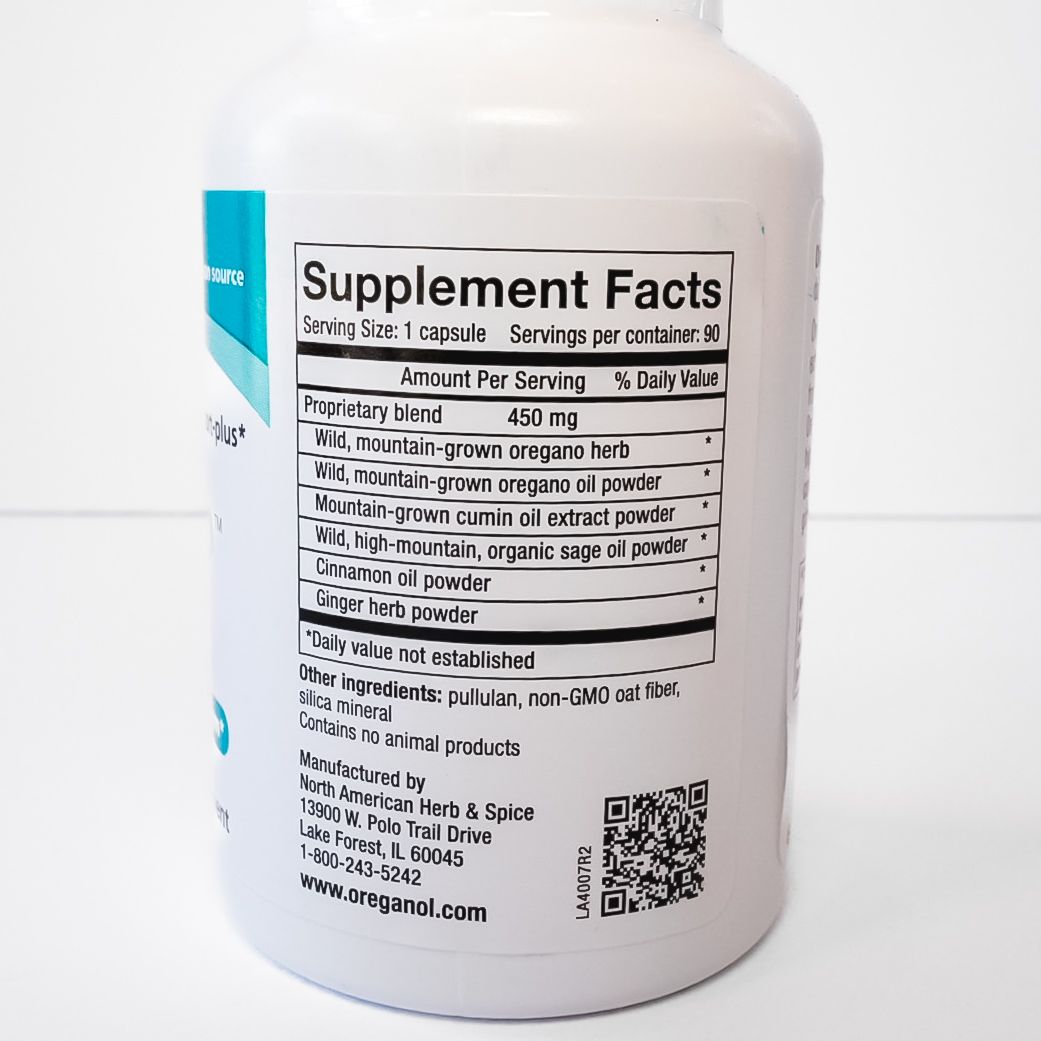 White supplement bottle with blue label reading “OregaResp” on a plain background
