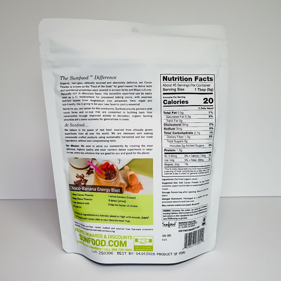 White stand-up pouch with nutrition facts label and food image on the front