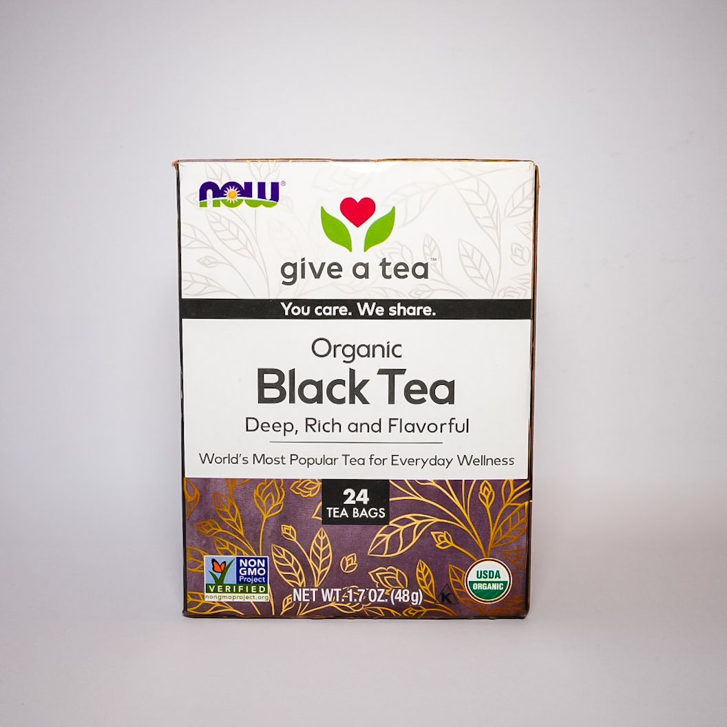 Box of NOW Organic Black Tea with deep, rich floral flavor on a white background