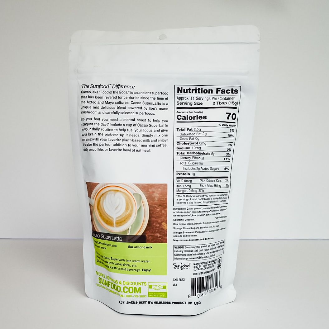 White pouch of Sunfood organic cacao superlatte with latte and cacao image on the front.