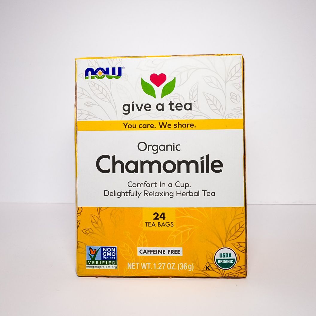 Box of Give a Tea organic chamomile tea with yellow and white packaging.