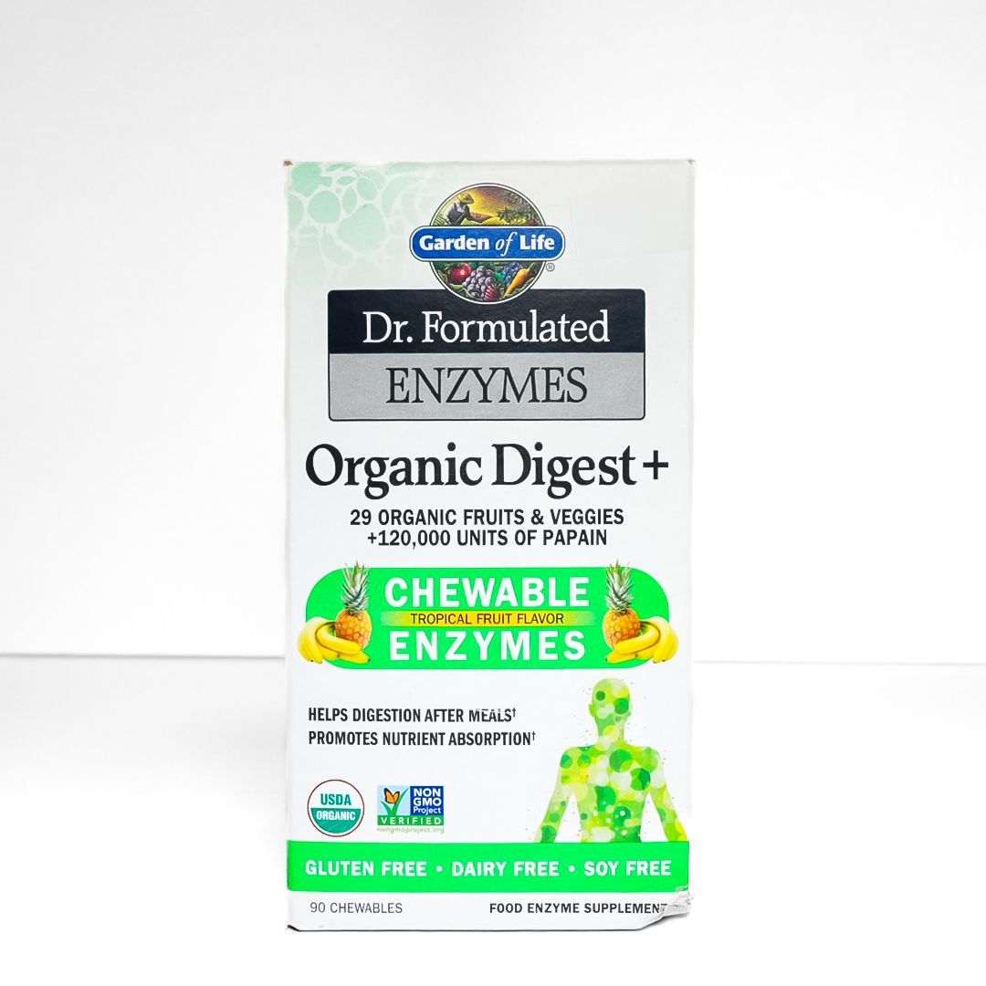 Dr. Formulated Enzymes Organic Digest+ chewable enzyme supplement bottle on white background