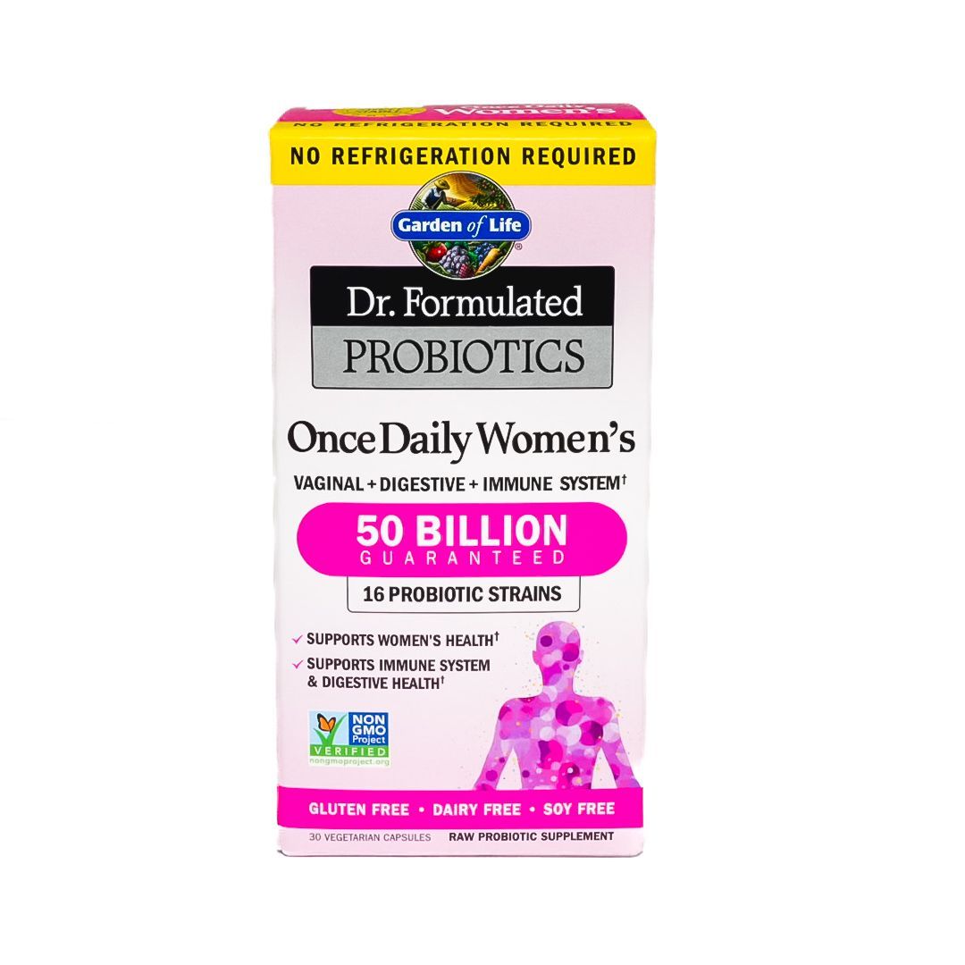 Dr. Formulated Probiotics Once Daily Women’s 50 Billion supplement box, pink and white packaging