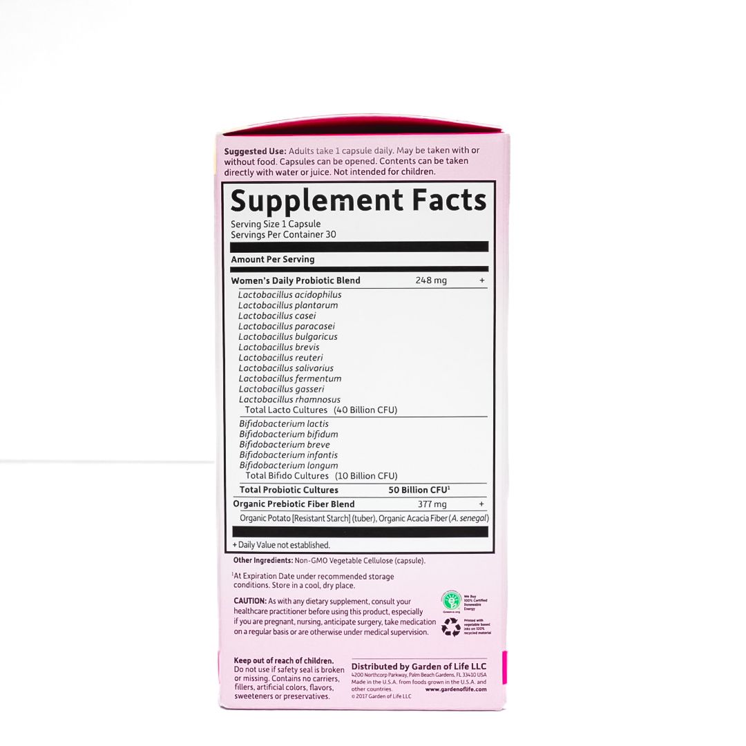 Dr. Formulated Probiotics Once Daily Women’s 50 Billion supplement box, pink and white packaging