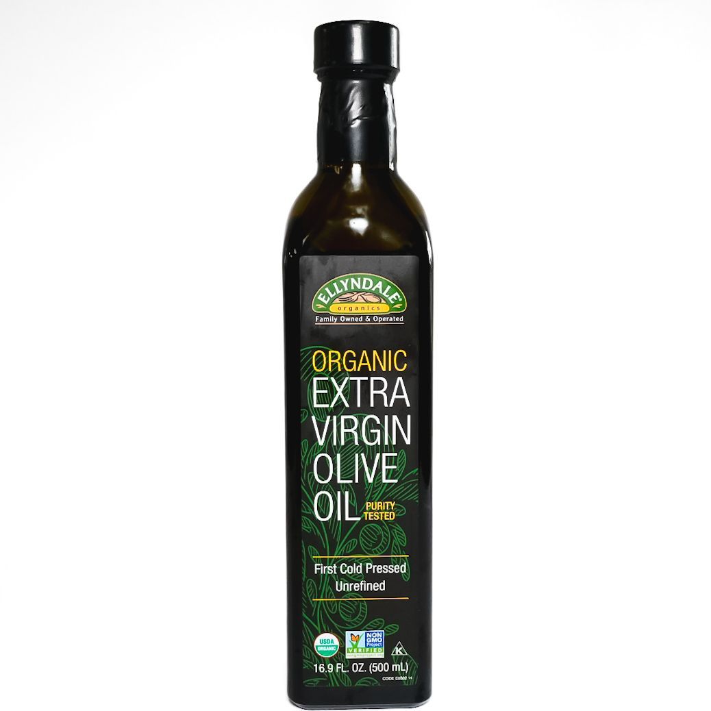 Bottle of organic extra virgin olive oil with a dark label on a white background