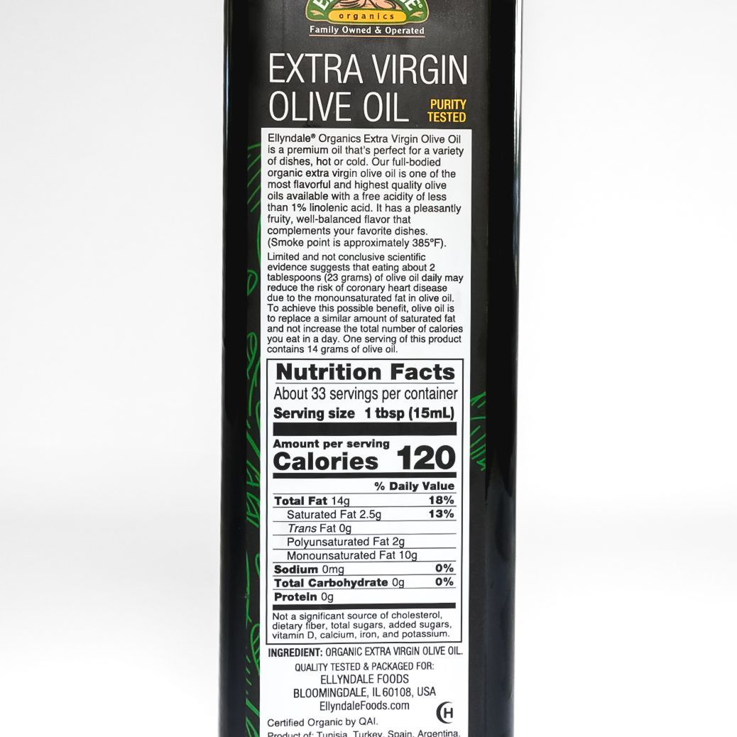 Bottle of organic extra virgin olive oil with a dark label on a white background