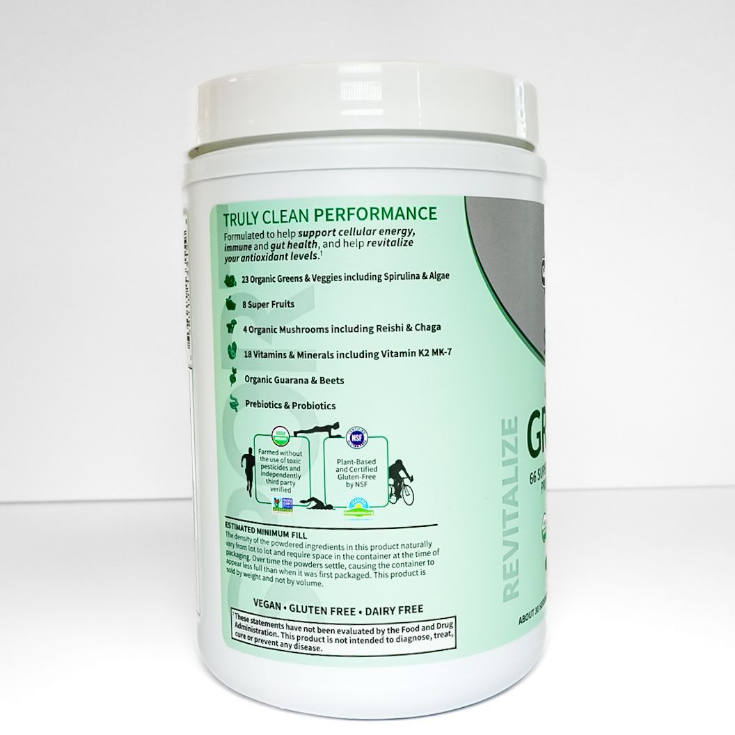 White jar of Garden of Life Sport Organic Greens supplement on a white background