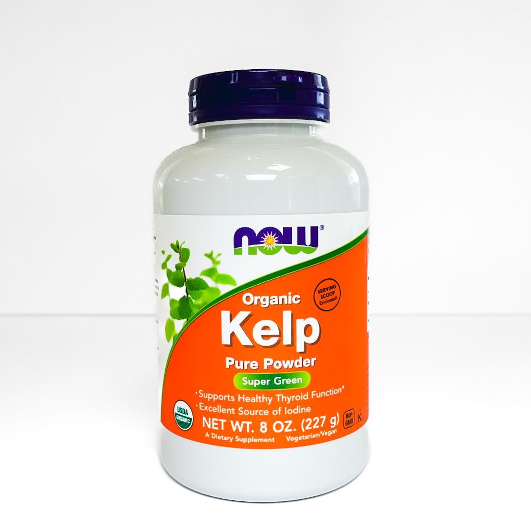 NOW Organic Kelp Pure Powder supplement bottle with white and orange label on a white background