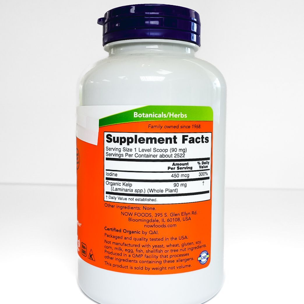 NOW Organic Kelp Pure Powder supplement bottle with white and orange label on a white background