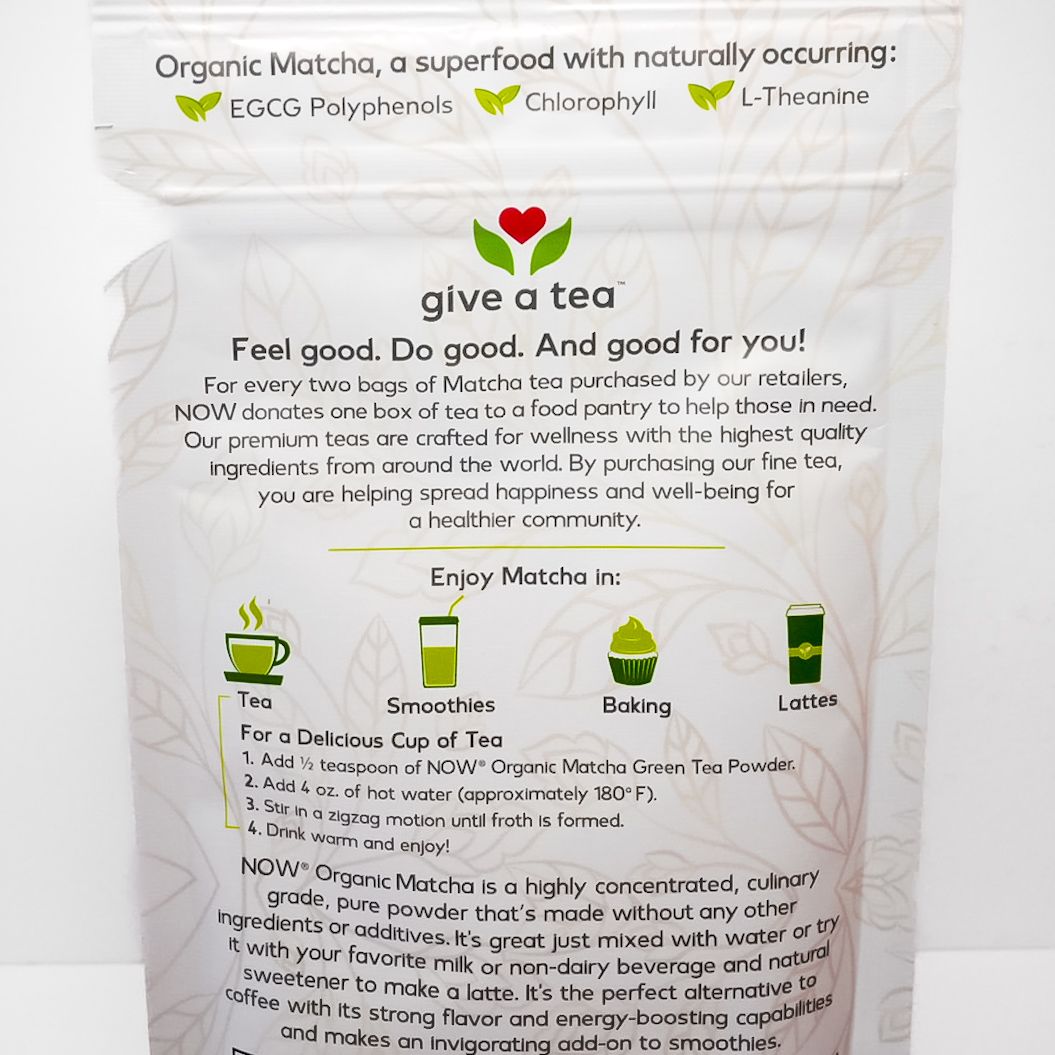 Organic green tea powder pouch with white, green, and brown packaging from Give Tea.