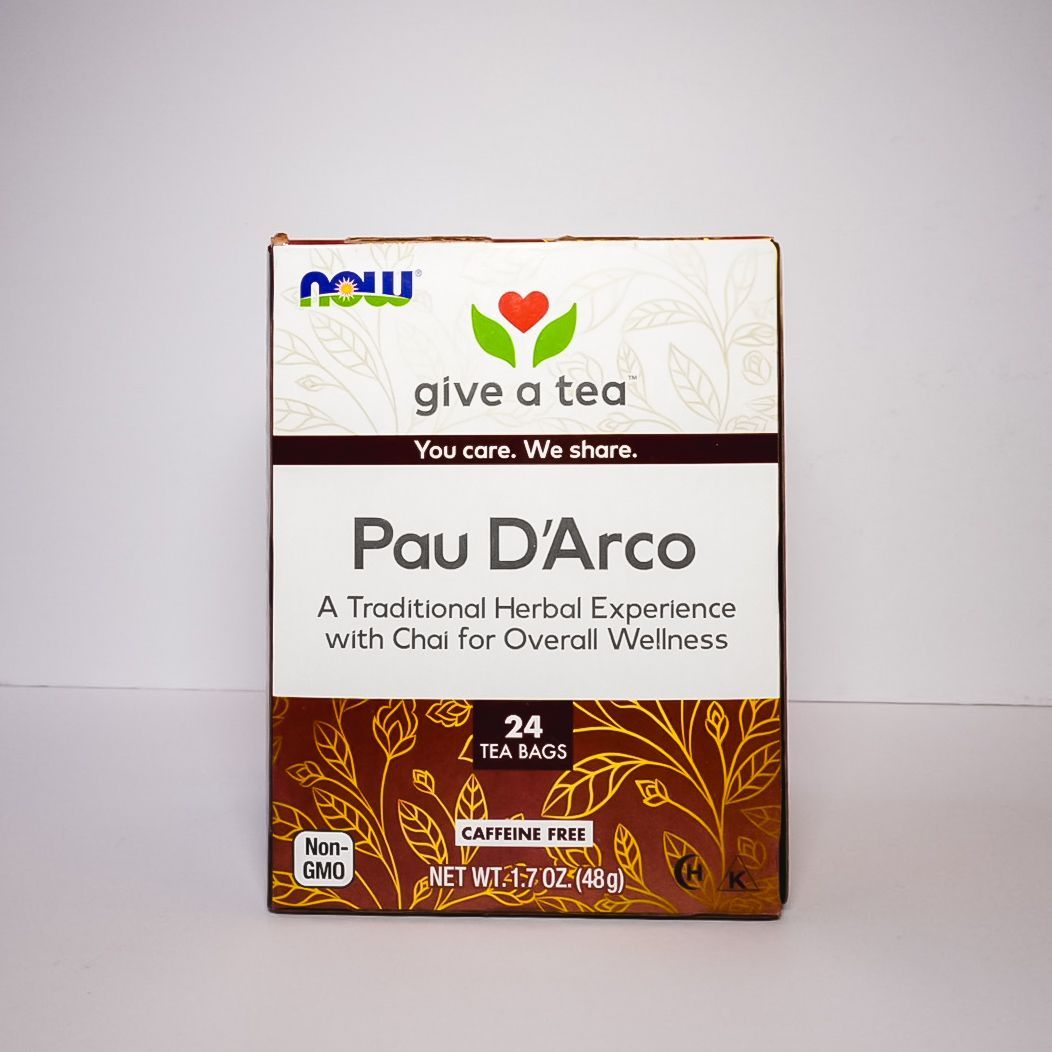 Front of a Now Foods “give a tea” Pau D'Arco herbal tea box, brown and white packaging.