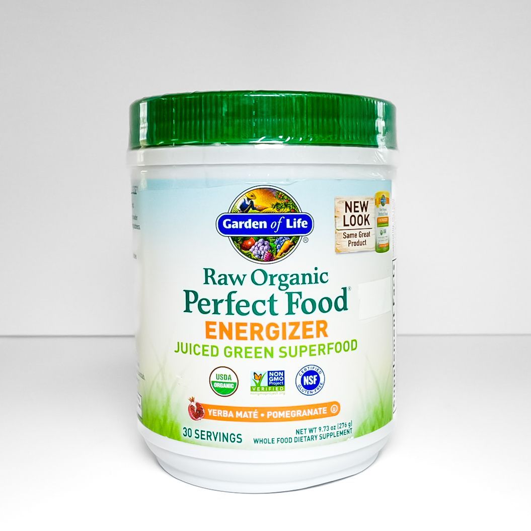 Green-lidded jar of Gardens of Life Raw Organic Perfect Food EnerGizer juice blend with label on white background