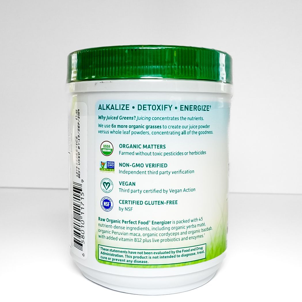 Green-lidded jar of Gardens of Life Raw Organic Perfect Food EnerGizer juice blend with label on white background