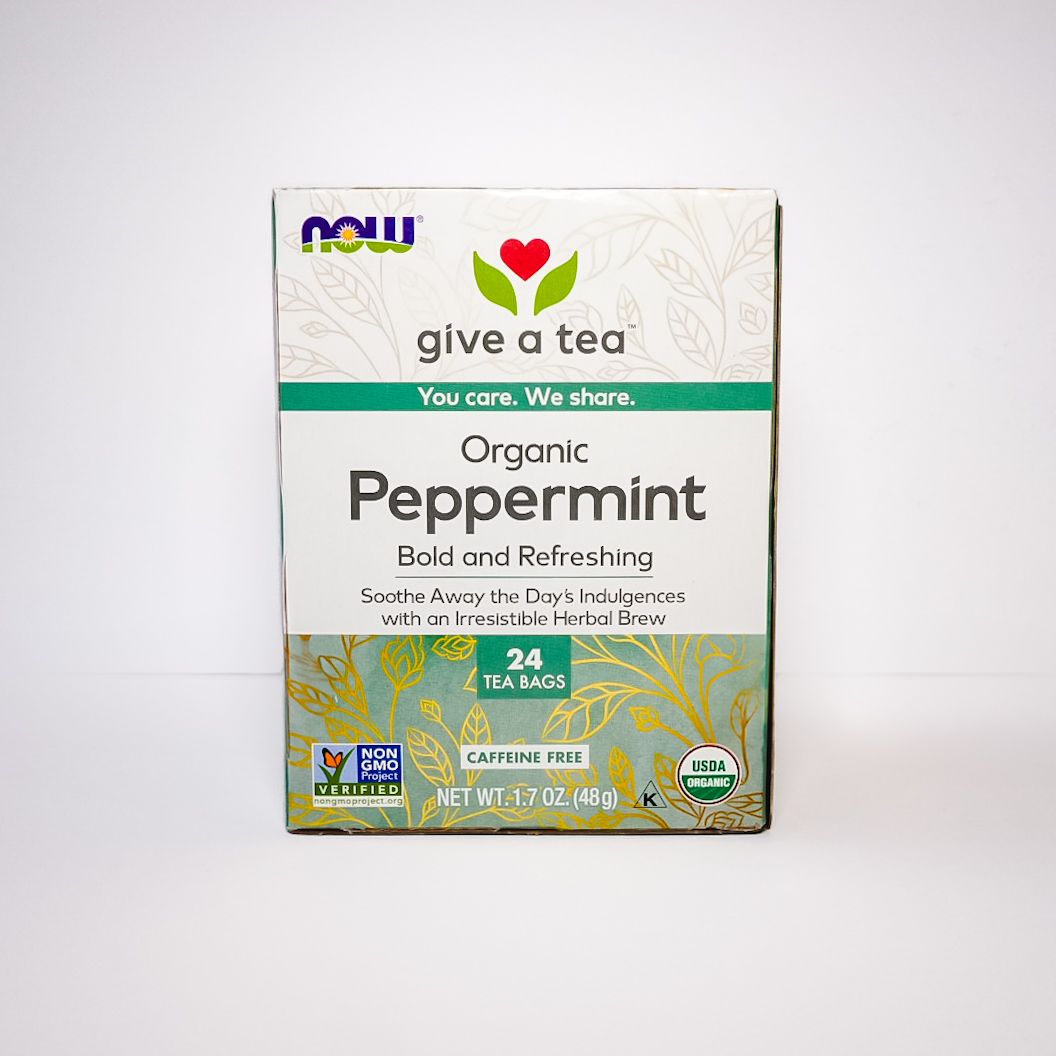 Box of NOW Give a Tea Organic Peppermint tea with green and white packaging