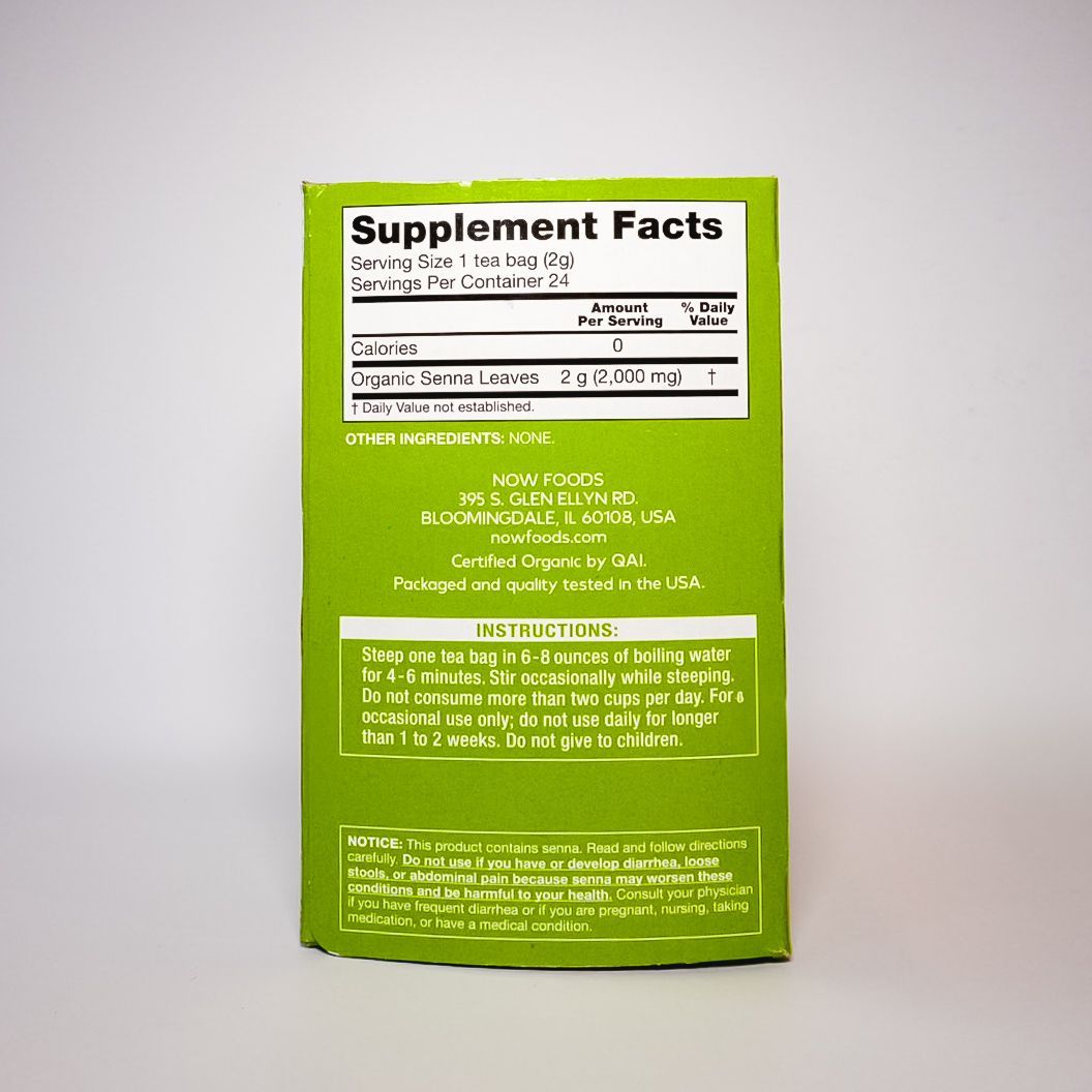 NOW Foods Give a Tea Organic Senna tea box in green and white packaging