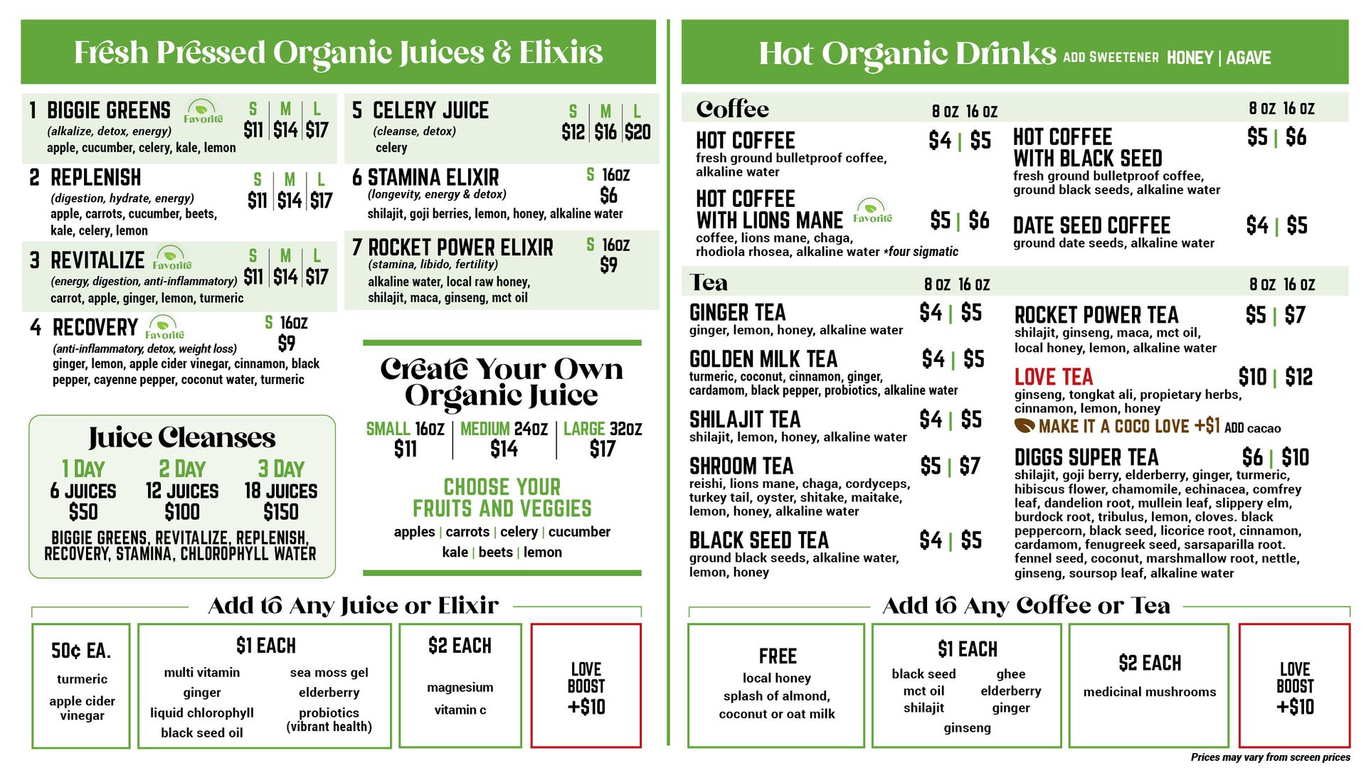 Restaurant menu board with green headings listing fresh pizzas, subs, salads, and drinks