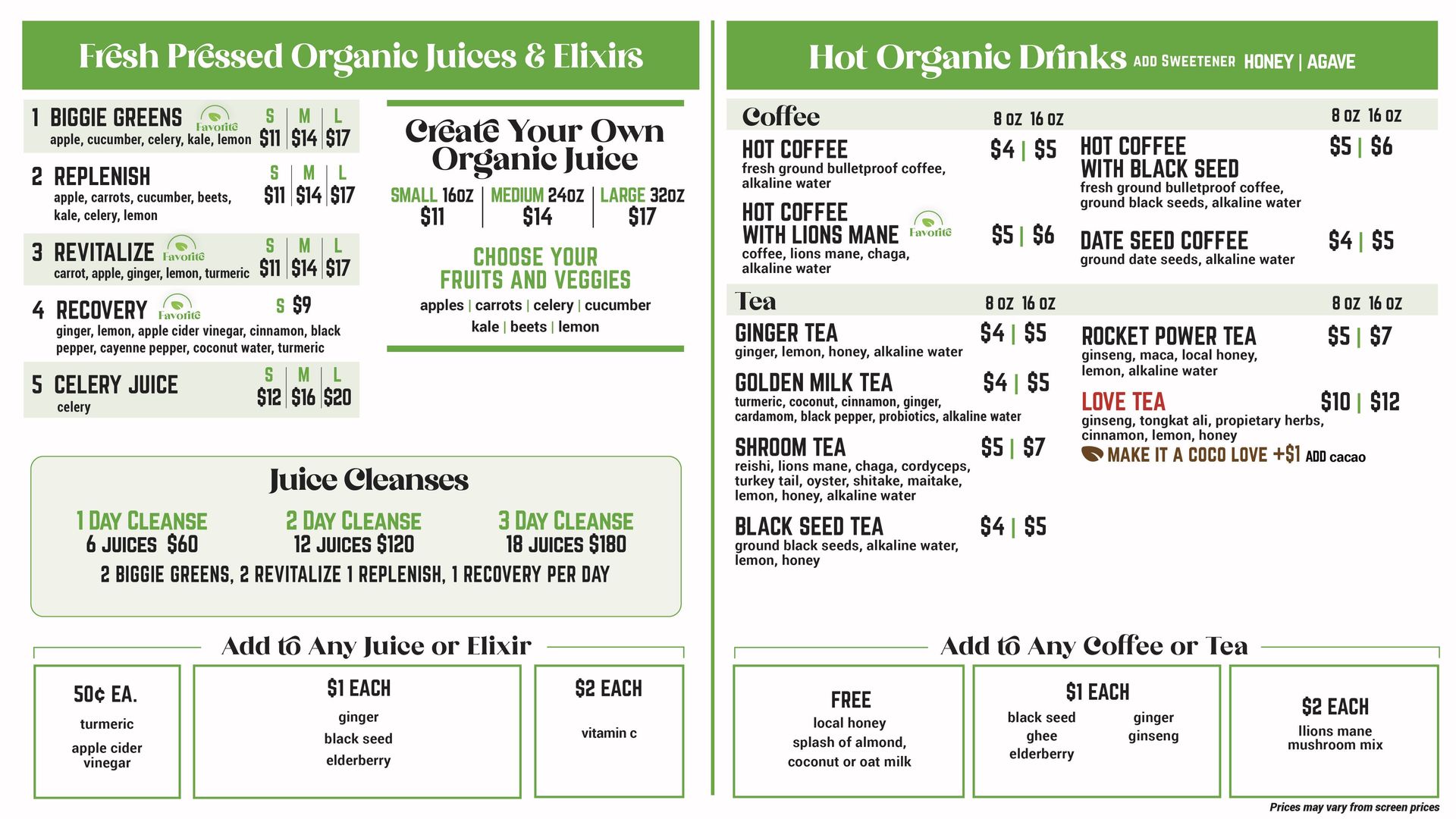 Restaurant menu board with green headings listing fresh pizzas, subs, salads, and drinks