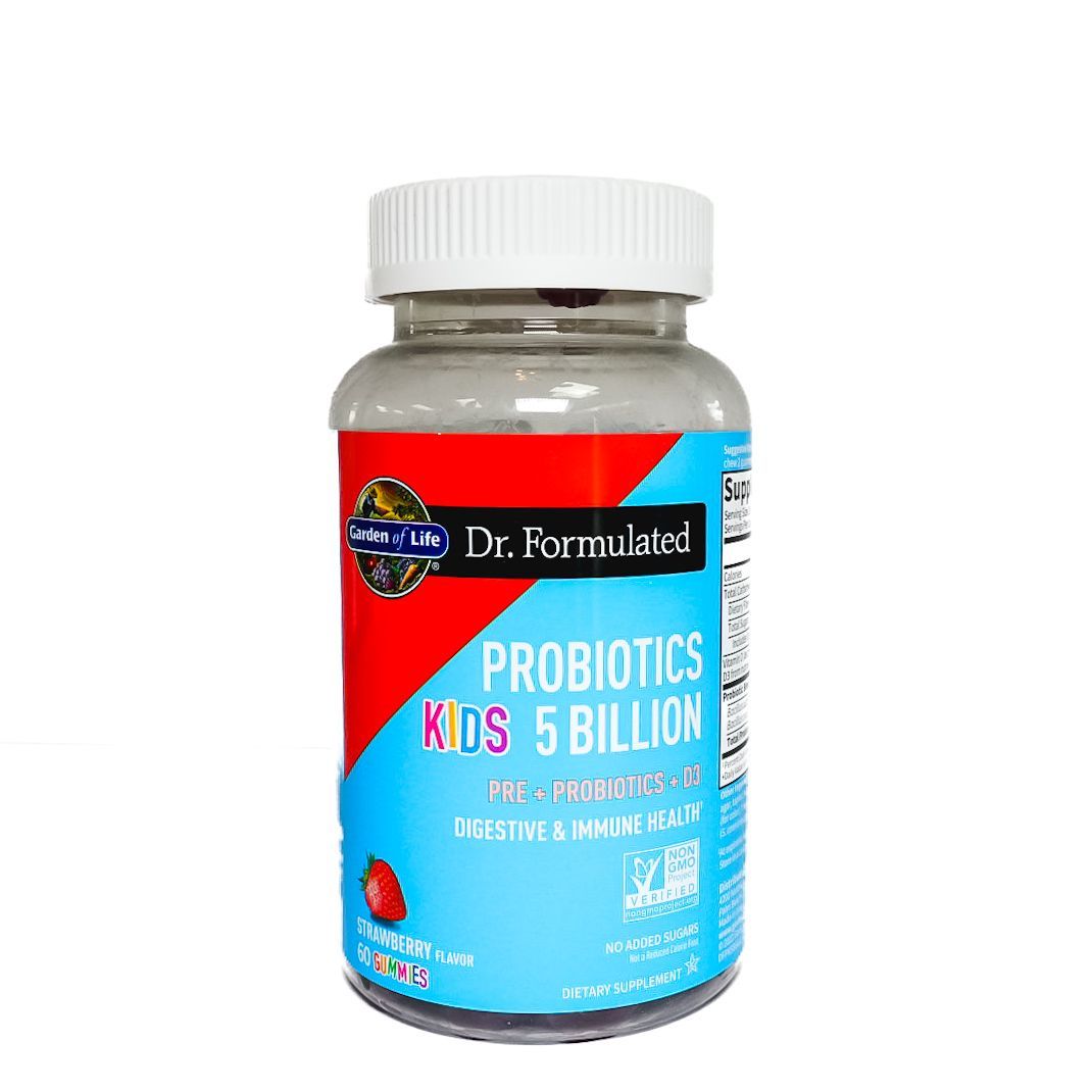 Dr. Formulated Probiotics Kids 5 Billion supplement bottle with white cap and blue label