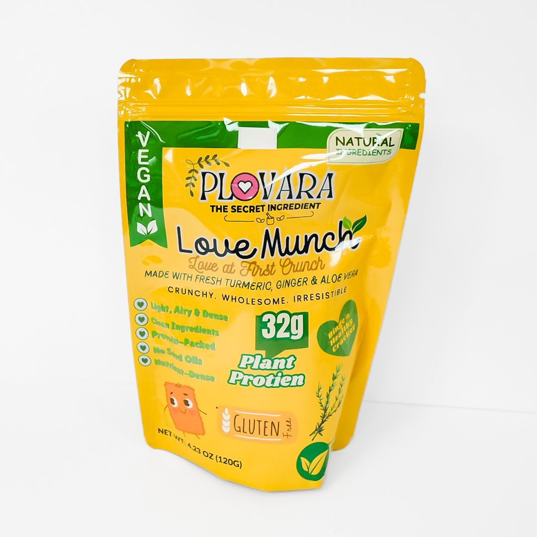 Yellow pouch of Piyova Love Munch vegan plant protein snacks on a white background