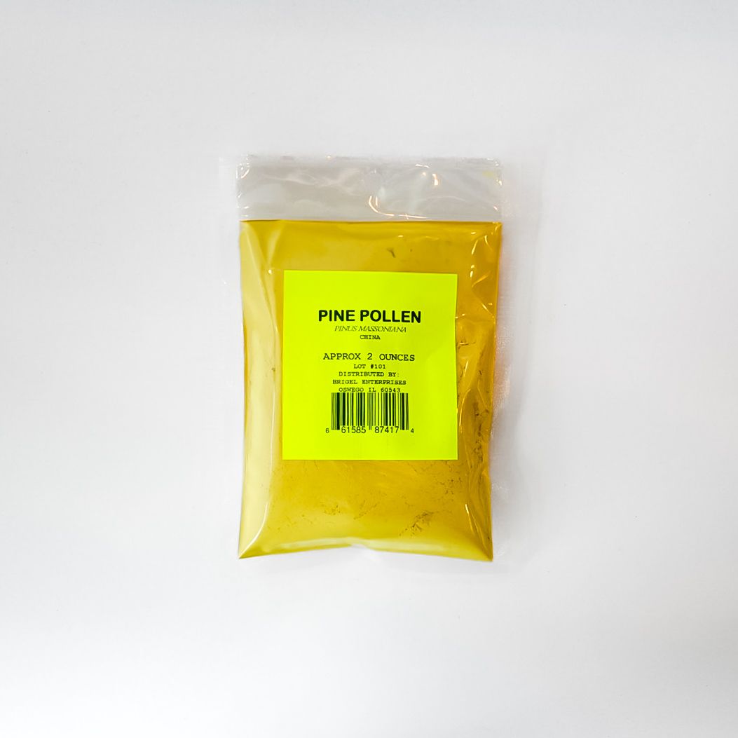 Yellow packaged pine pollen in a clear plastic bag with a bright label