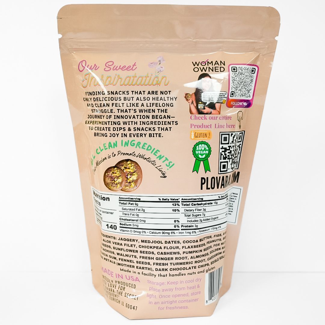 Pink resealable pouch of Piovara Love Bombs snacks with green cluster illustrations