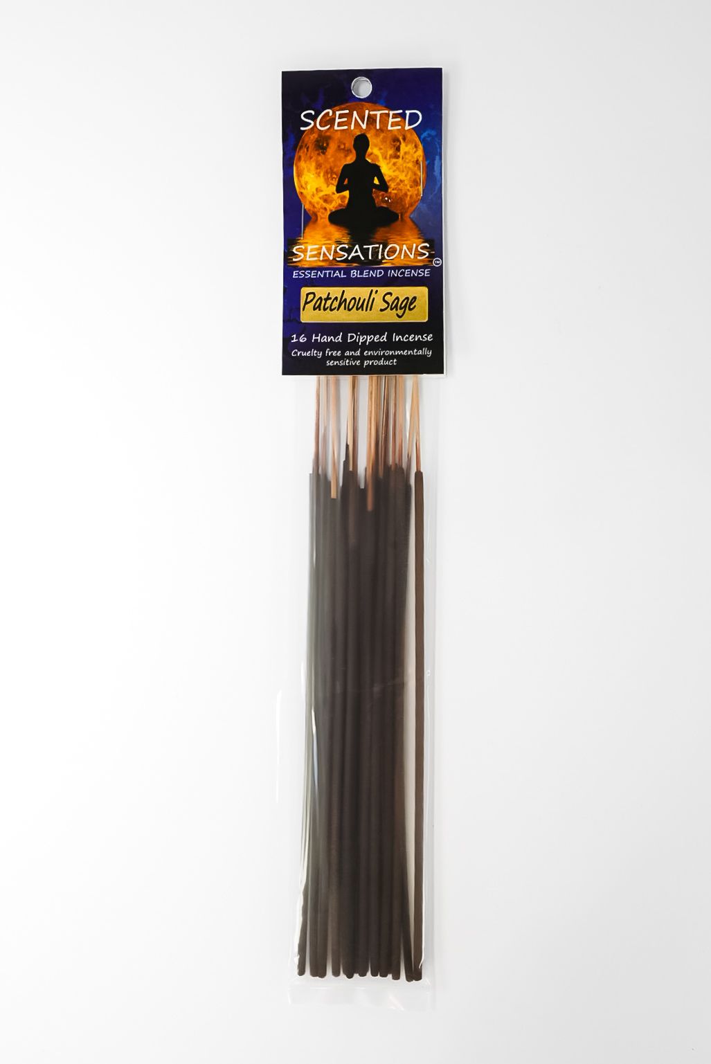 A hanging package of incense sticks with a dark orange and black label
