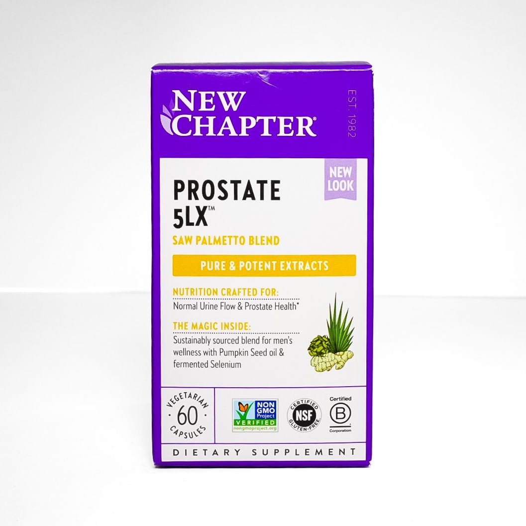 Purple New Chapter Prostate 5LX dietary supplement box with white label and pineapple illustration