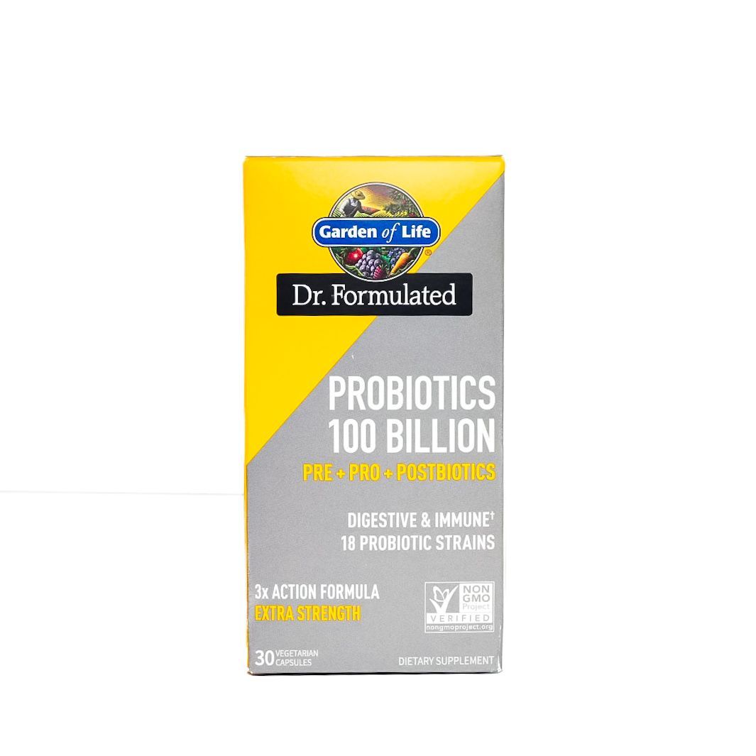 Yellow and silver Dr. Formulated probiotics box, 100 billion CFU, with Garden of Life logo