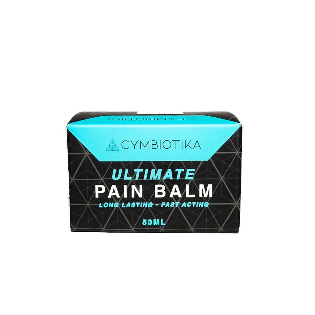 Cymebika Ultimate Pain Balm box with turquoise and black packaging, 50 mL