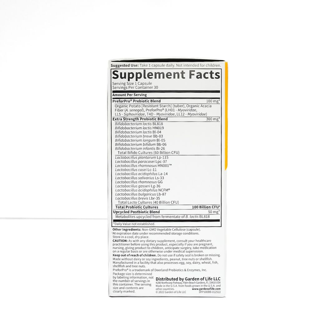Yellow and silver Dr. Formulated probiotics box, 100 billion CFU, with Garden of Life logo