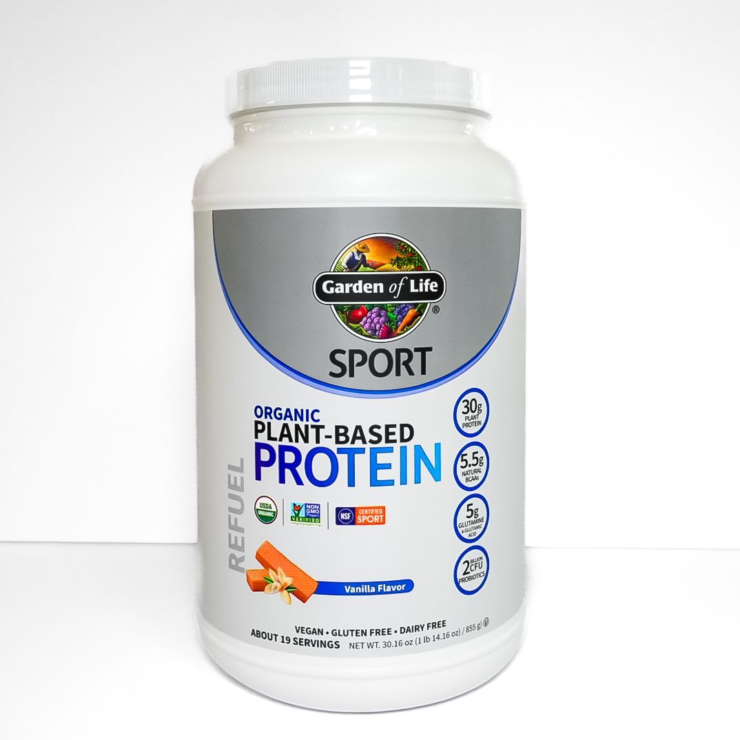 Garden of Life Sport organic plant-based protein powder jar with white and green label on white background