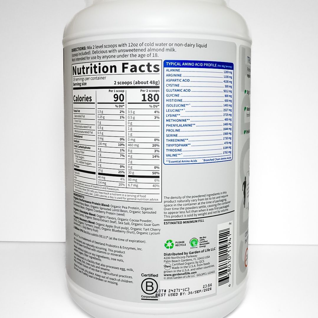 White tub of Garden of Life SPORT Organic Plant-Based Protein powder on a white background