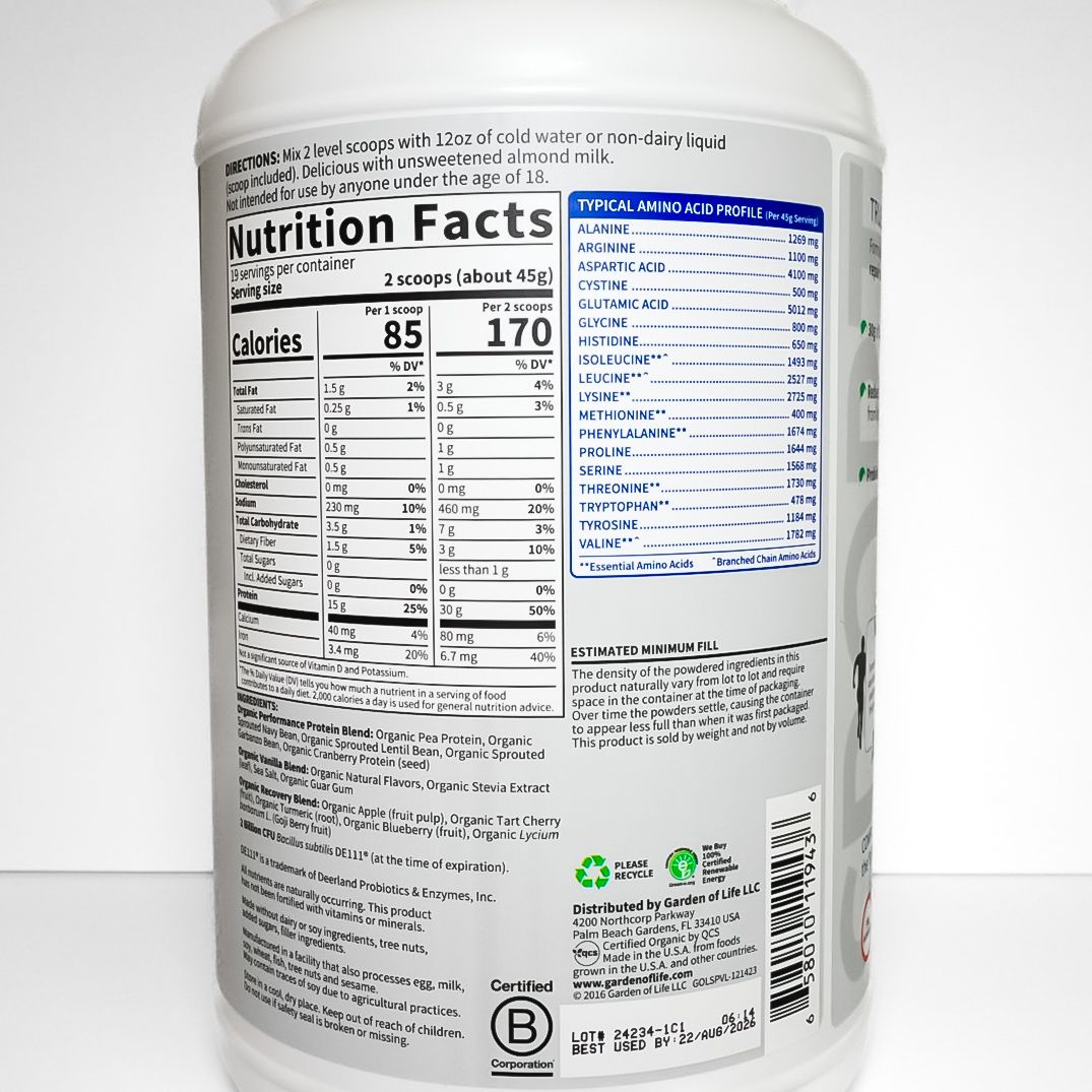 Garden of Life Sport organic plant-based protein powder jar with white and green label on white background