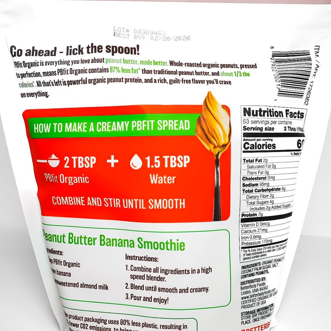 Orange bag of FitB organic peanut butter powder on a white background