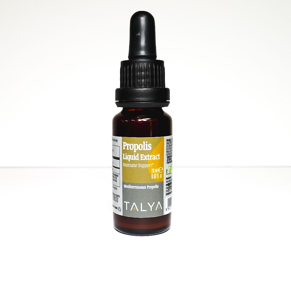 Brown dropper bottle labeled “Propolis Fluid Extract” on a white background