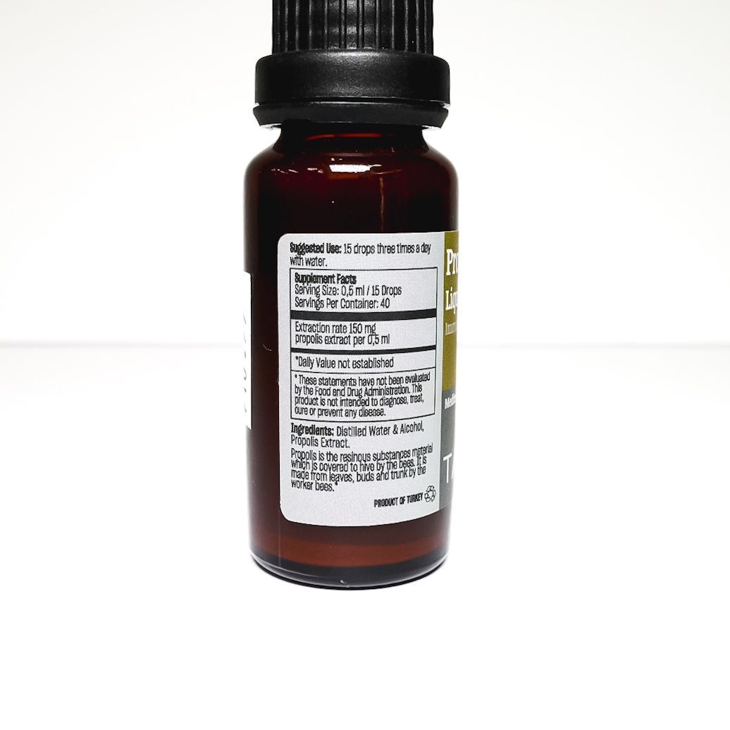 Brown dropper bottle labeled “Propolis Fluid Extract” on a white background