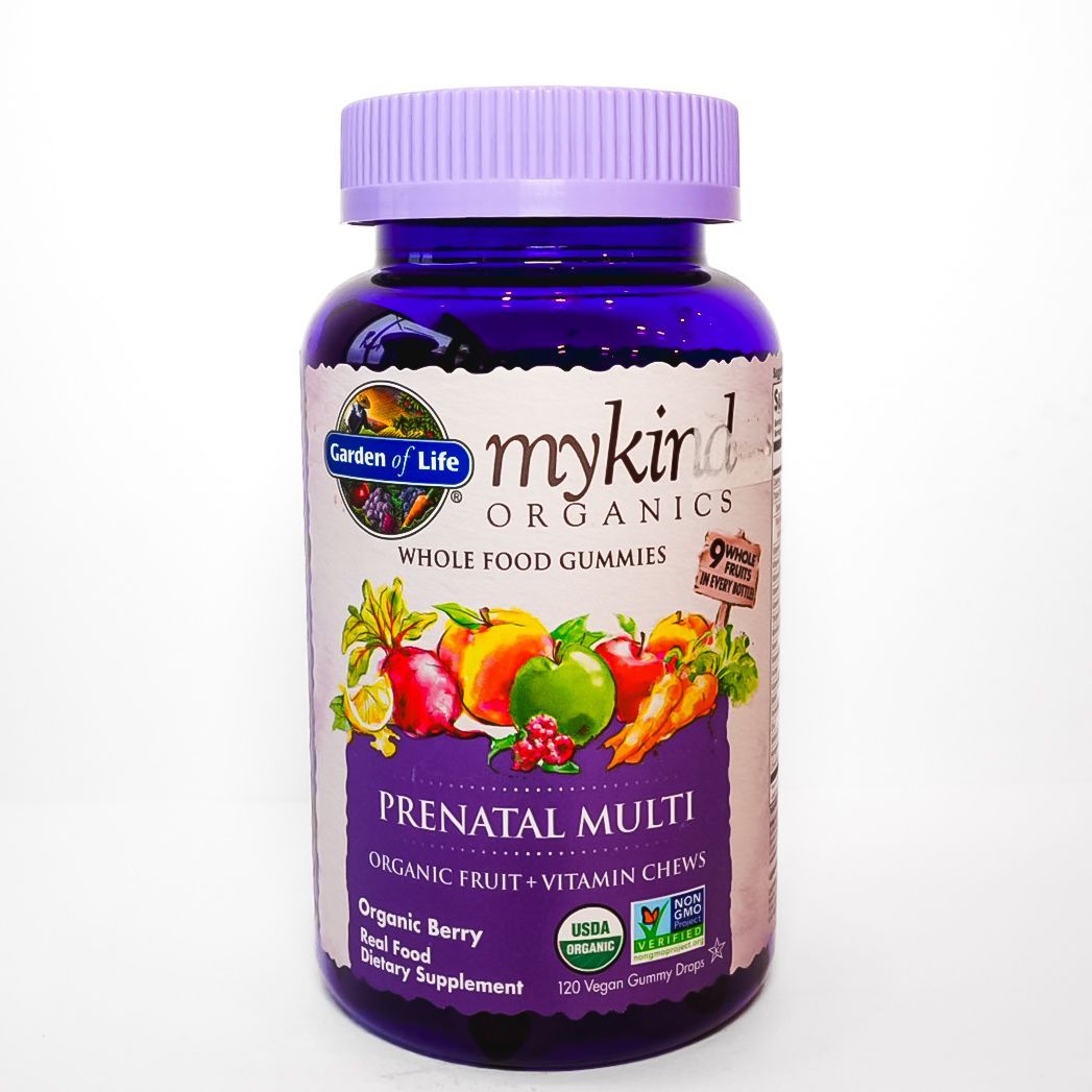 Purple bottle of Mykind Organics prenatal multivitamin with fruit and vegetable graphics on the label