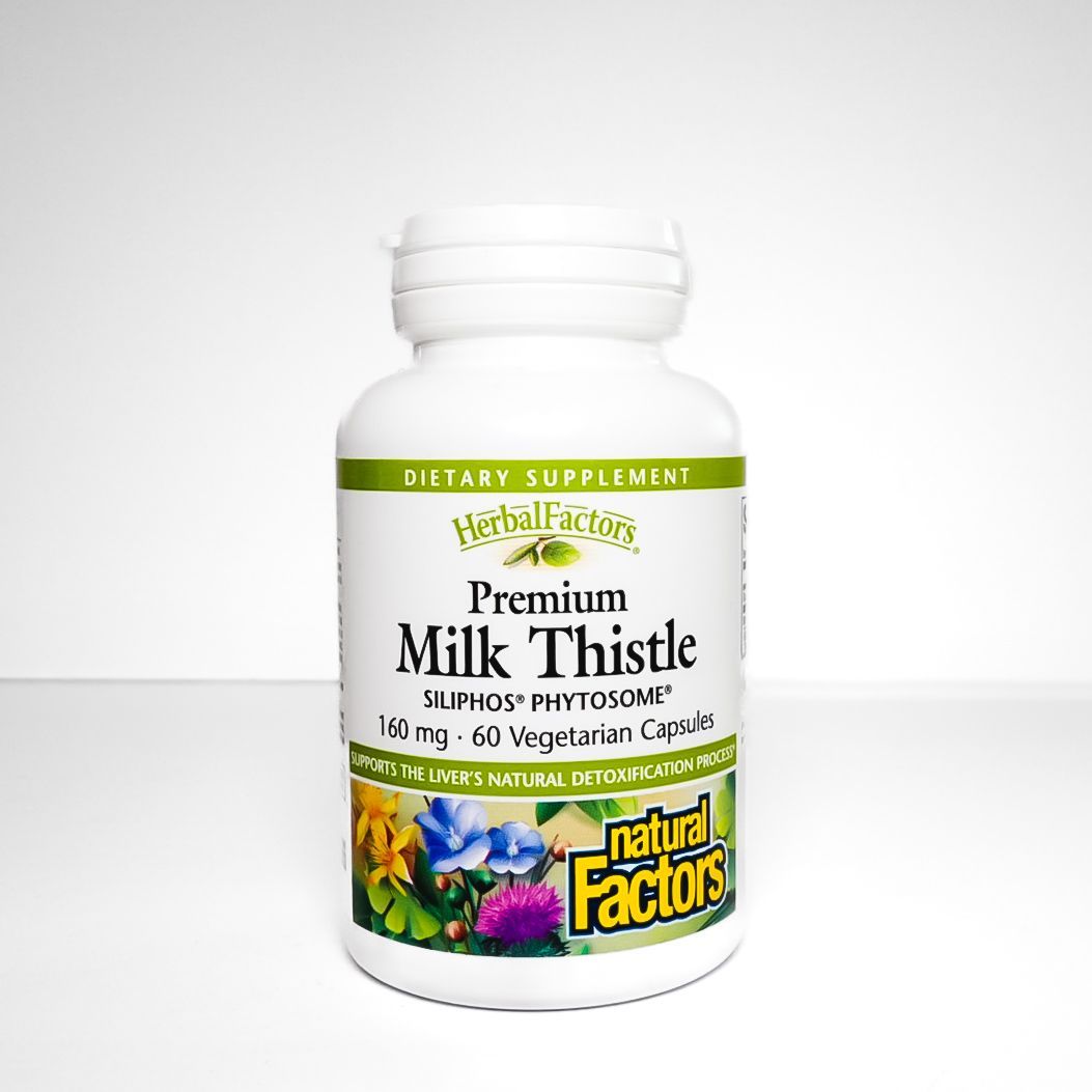 Natural Factors Premium Milk Thistle supplement bottle with white label and colorful floral design