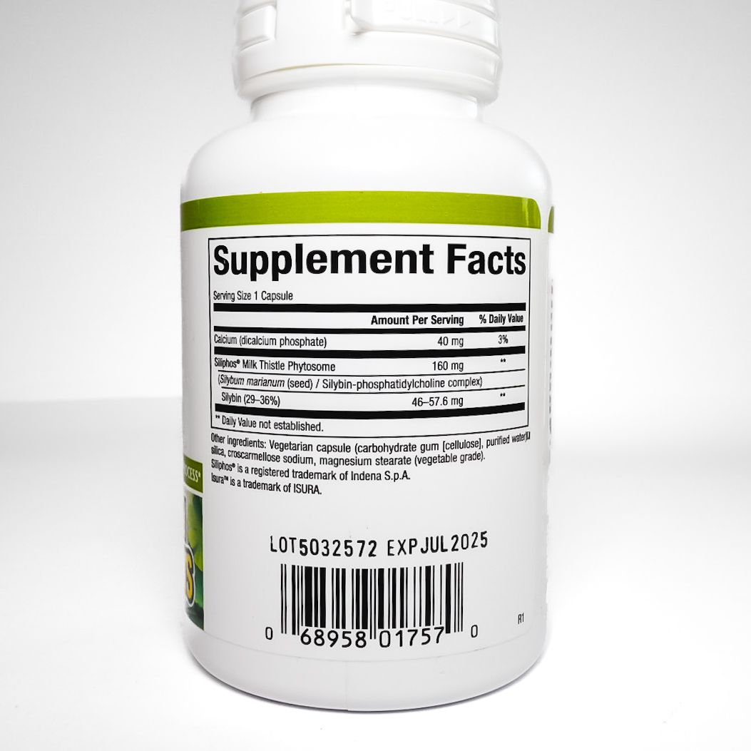 Natural Factors Premium Milk Thistle supplement bottle with white label and colorful floral design