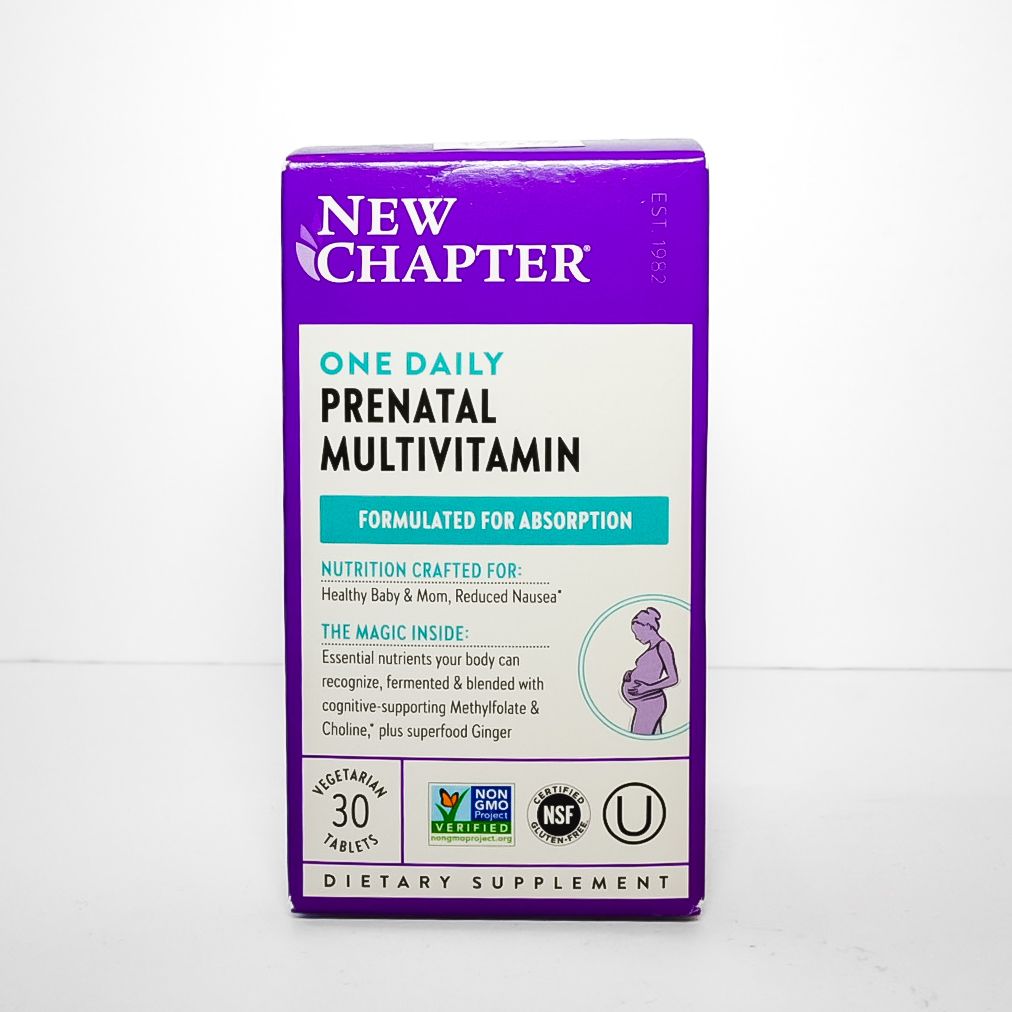 Purple box of New Chapter One Daily Prenatal Multivitamin on a white background