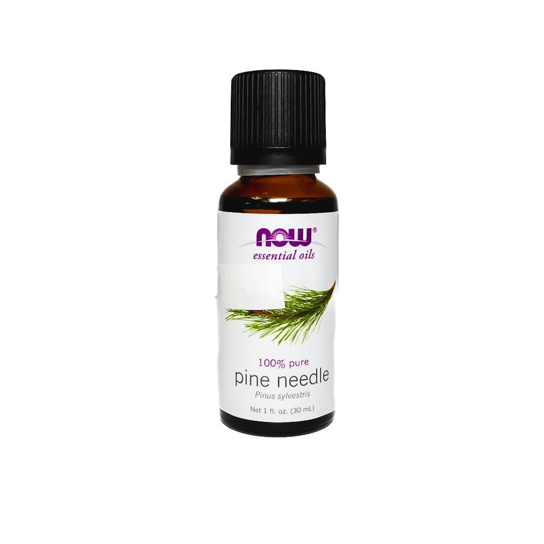 Small amber bottle of NOW essential oil with black cap and white label on a white background